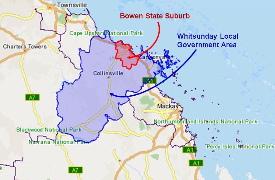 Figure 1: Location and boundaries of the Bowen State Suburb (SSC) and Whitsunday Regional Council areas 4 