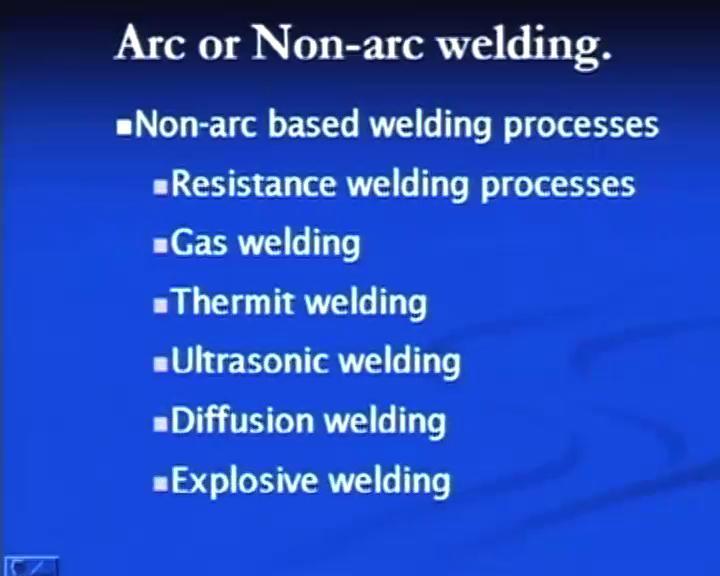 (Refer Slide Time: 25:07) The Welding Process Classification based on arc or non-arc welding process.
