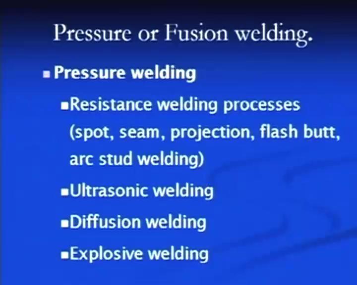 (Refer Slide Time: 26:13) And in the pressure or fusion welding processes, the pressure welding processes are those processes in which the molten metal of the weld pool or the