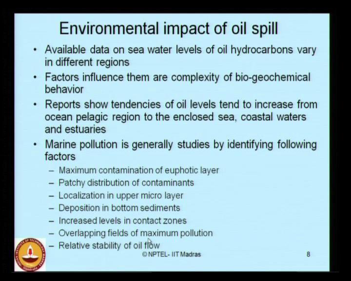 (Refer Slide Time: 08:58) Now, let us look very briefly the environmental impact of oil spill in marine environment.