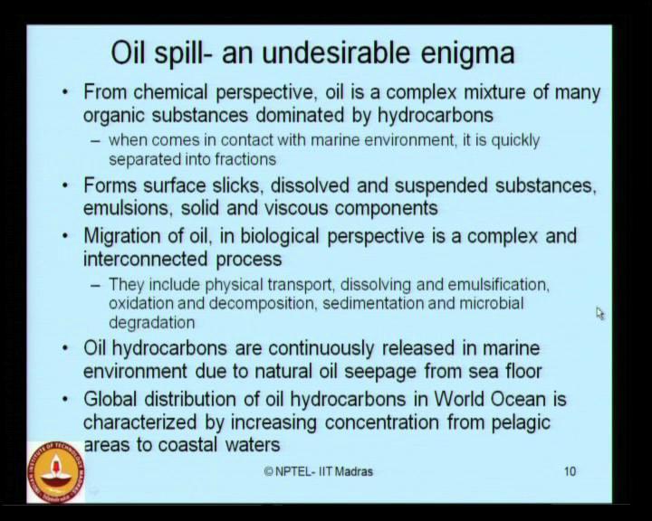 (Refer Slide Time: 11:43) Oil spill is an undesirable enigma which happens in marine pollution.