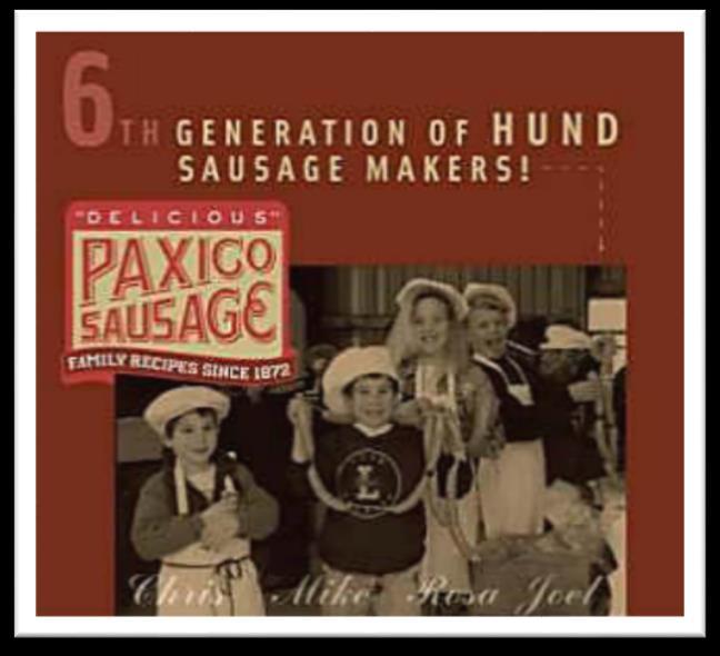 Their products are available through a variety of retail outlets, online, and at a retail store in the Alma factory. Paxico Sausage Paxico Sausage is a 6 th -generation, family-owned business.