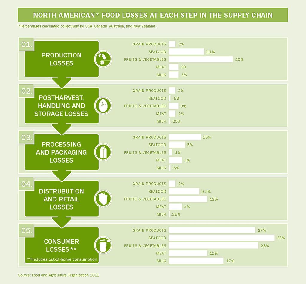 Although food loss occurs at all steps in the food production chain, consumer waste accounts for the largest share.