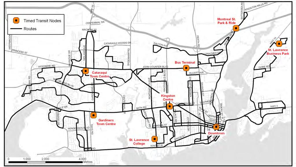 The routes generally travel between major activity nodes such as the downtown, Cataraqui Town Centre, and St. Lawrence College.