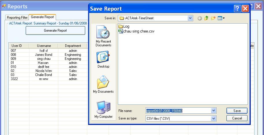 After you generate the report, select Export Report in the Generate Report tab window. Select Save button to save the report as CSV format in your preferred hard drive location. 8.