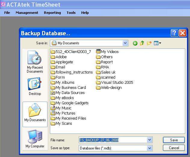 11.2 Database Backup This feature allows the Admin to backup the database of ACTAtek Timesheet. Regular backup of database can prevent data loss for any reasons.