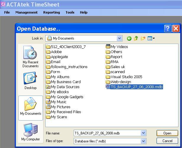 Select Restore Database from Tools menu Choose the database backup file, and then