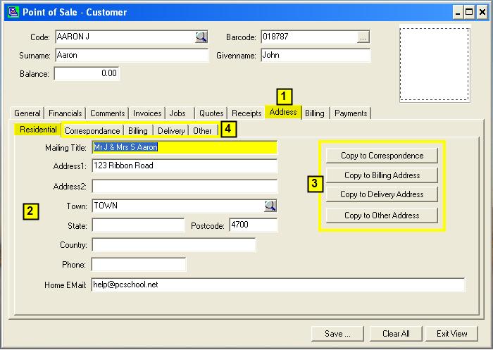 Address Tabs Store, Enter & Update customer address information as follows: Residential, Correspondence and Billing Address information is drawn from the Identity File.
