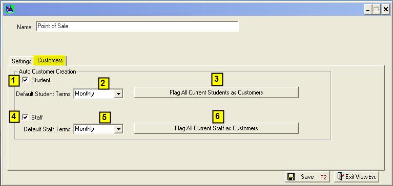 Set Current Student and Staff as Customers Path: System POS System Settings Customers tab Set default terms and flag students and staff as customers as follows: 1.
