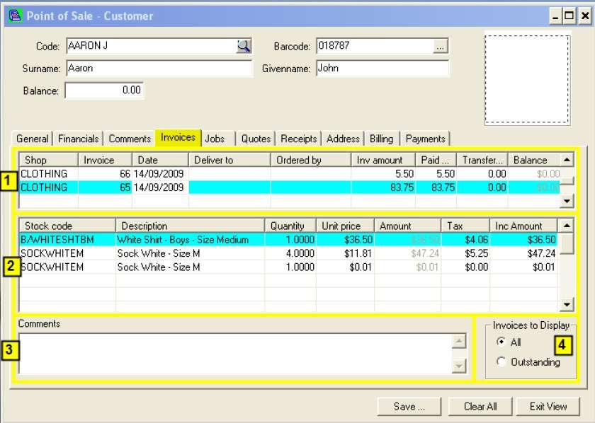 Invoices Tab View customer invoices / purchases as follows: Lists all Invoices / Sales for this customer. Details included will be: Shop: the Shop Code of the shop goods were purchased from.