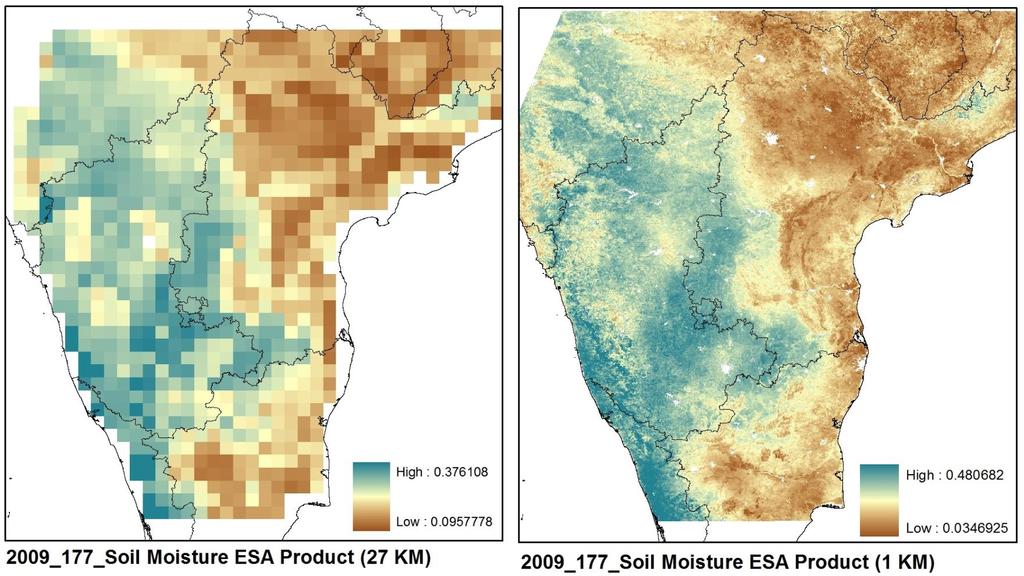 Spatial Downscaling of Soil Moisture Example from South India Good Correlation with observed and predicted Soil Moisture product NDVI,