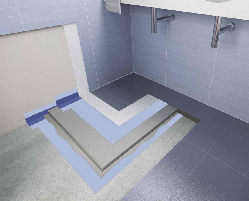 SYSTEM FOR THE INSTALLATION OF TILES IN BATHROOMS AND DAMP ENVIRONMENTS C08 9 8 7 5 6 2 4 3 concrete substrate rubber tape Mapeband primary waterproofing membrane Mapelastic AquaDefense bonding