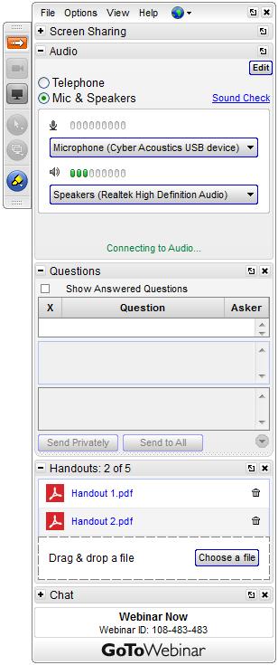 Enhancing Your Webinar Experience Click the red arrow on the upper left to hide the GoToWebinar control panel To access the audio portion of the webinar, use your computer speakers or call the number
