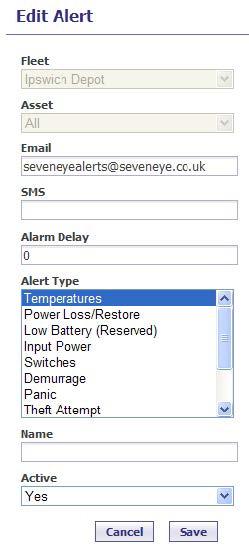 Alerts Alerts can be configured for whole fleets or for individual assets and can be sent to either just email