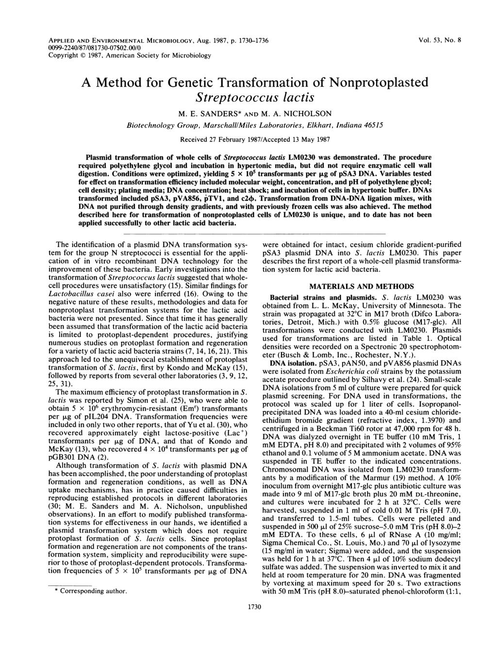 APPLIED AND ENVIRONMENTAL MICROBIOLOGY, Aug. 1987, p. 173-1736 99-224/87/8173-7$2./ Copyright 1987, American Society for Microbiology Vol. 53, No.