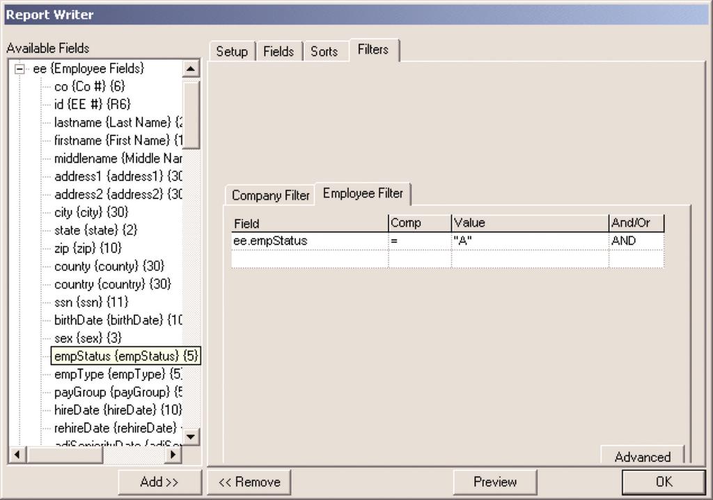SETUP FILTERS Filters allow you to control which data is included in or excluded from the report. Fields used as filtering elements do not need to appear on the report.