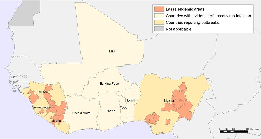 Geographic distribution of Lassa fever Lassa fever is reported in Benin, Côte d Ivoire, Ghana, Guinea, Liberia, Mali, Nigeria,