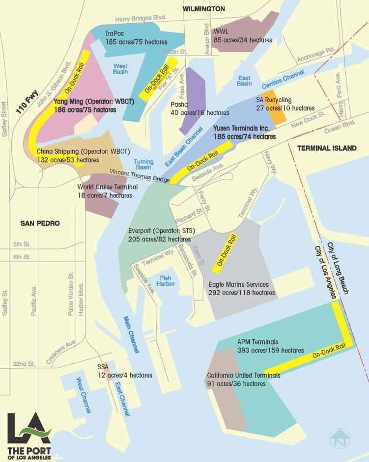 Port of Los Angeles Facilities TRAPAC Land area: 185 acres (75 ha) Total berth length: 5,400 (1,646 M) Berths: 4 Water depth: 45 53 (13.7 16.1 M) Cranes: 10 Post-Panamax cranes.