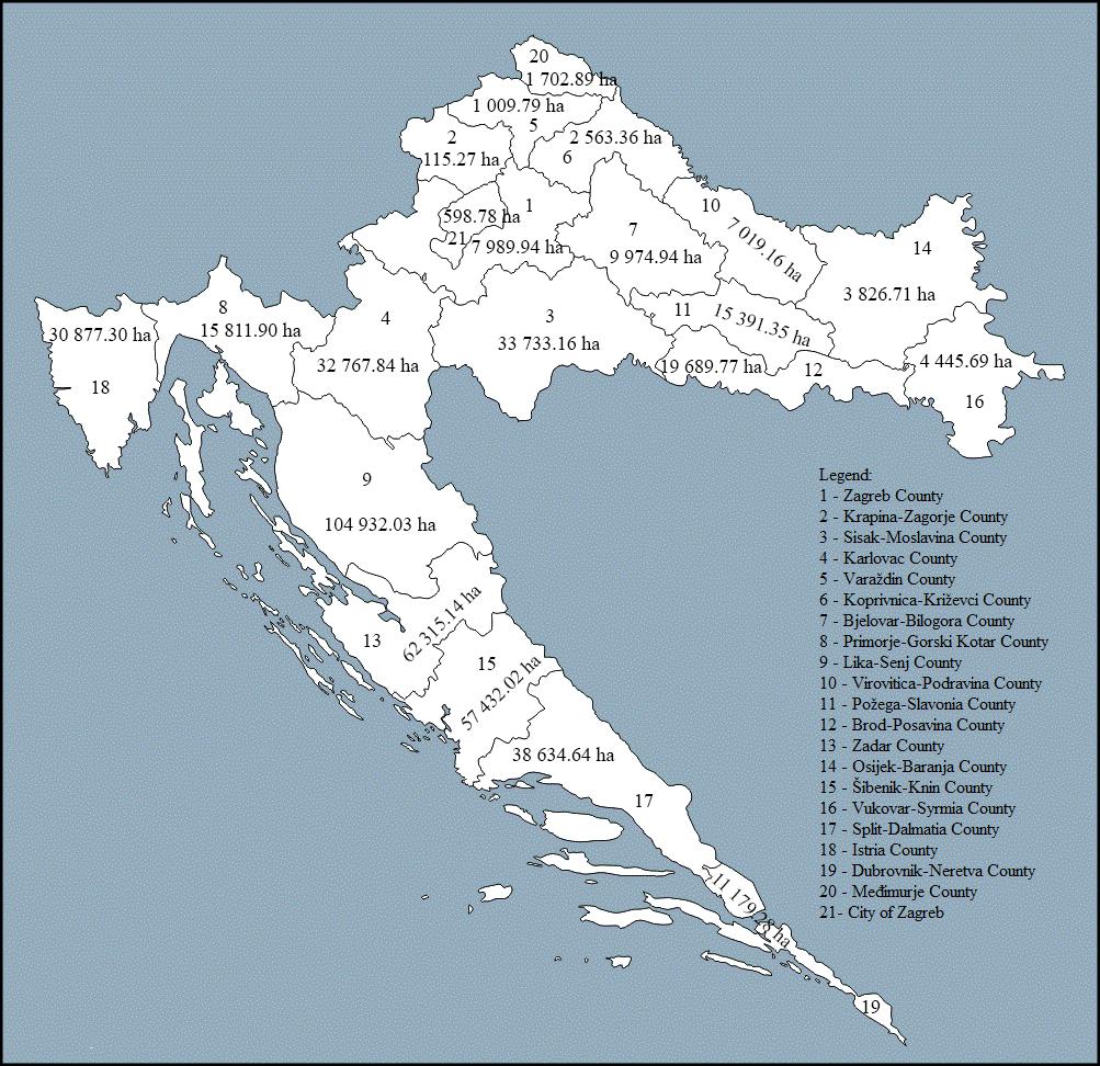 Data from Table 6 is shown on the blank map of Croatia in Figure 3.
