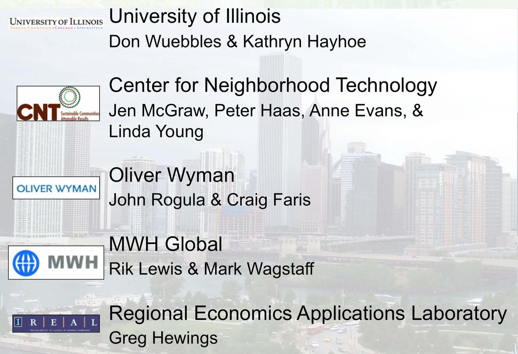 Research Teams University of Illinois Don Wuebbles & Kathryn Hayhoe Center for Neighborhood Technology Jen McGraw, Peter Haas, Anne Evans, & Linda Young