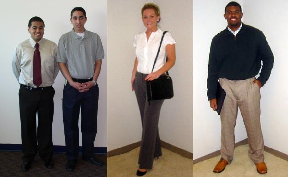 Business Casual Business Casual includes dress pants and a shirt with a collar for men, or dress pants/knee length skirt