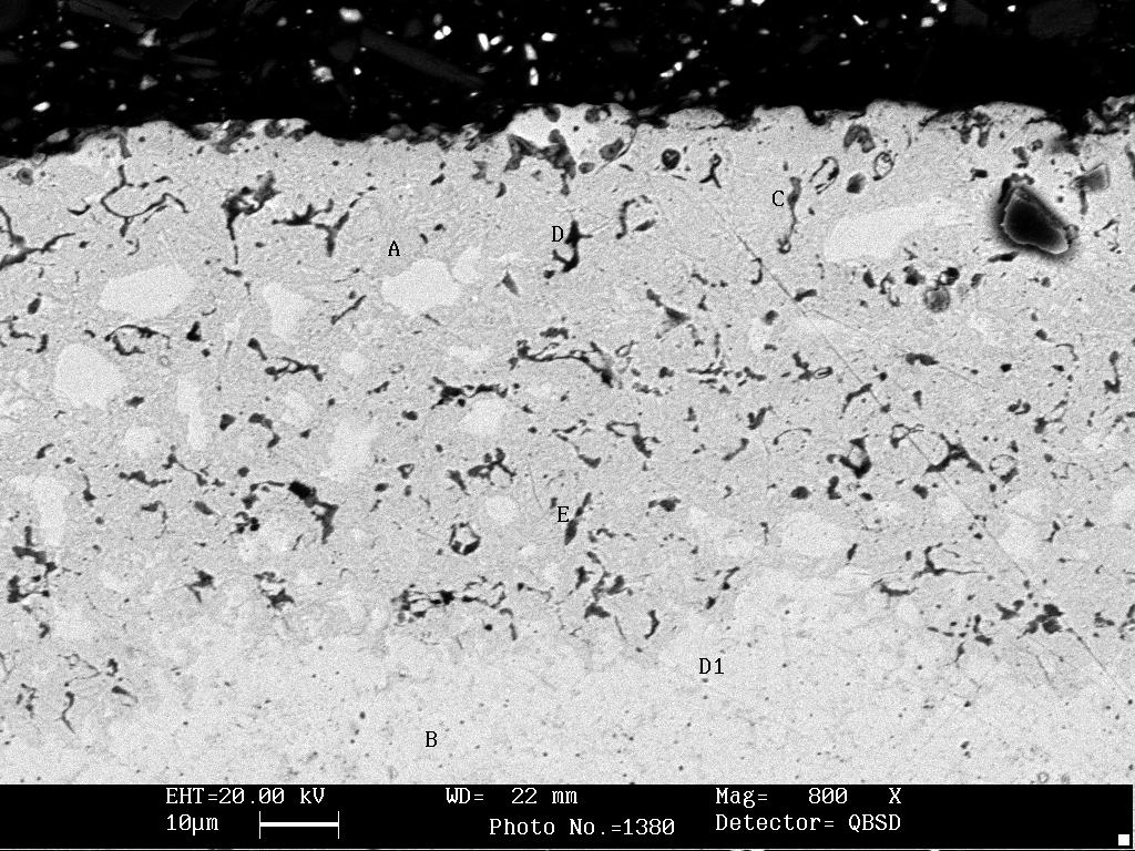 A B C D Micrography n 3: SEM BSE picture (1000x) of the sample n 2, carburised to 900 C for 10 hours and then quenched. A: sample surface.