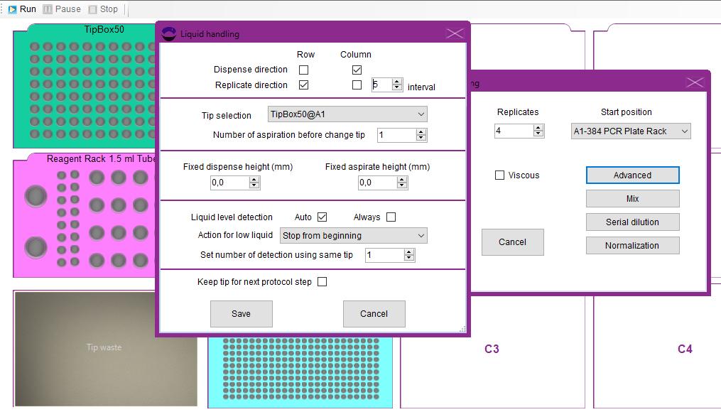3. Mark the sample plate and drag that to the 384 plate to open the liquid handling window. 4. Set volume to 2 µl, replicates to 4 and select OneDip, see screen capture below. 5.