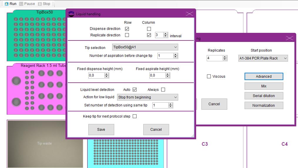7. Open Advanced menu. Select row for Dispense direction, keep column as Replicate direction and set interval to 3, see screen capture below.