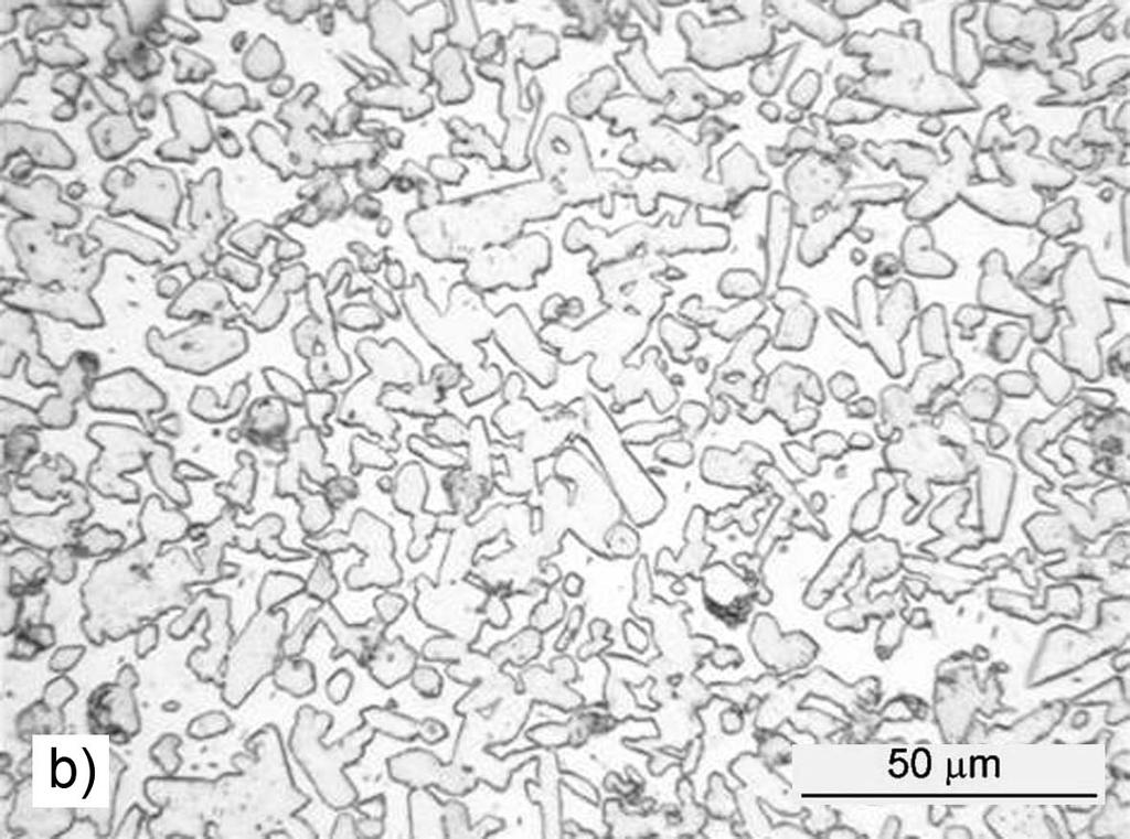 In the case of TiAl20Si15 alloy shown in Fig. 4, annealing at 1000 C for 300 h caused an increase of the average silicide particle size from approx. 6 µm to nearly 12 µm. Fig.4. Microstructure of TiAl20Si15 alloy: a) before annealing, b) after 300 h annealing at 1000 C.