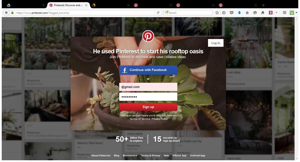 This is the page you see when you Browse www.pinterest.com The very first time you have to sign up Using your email and password.
