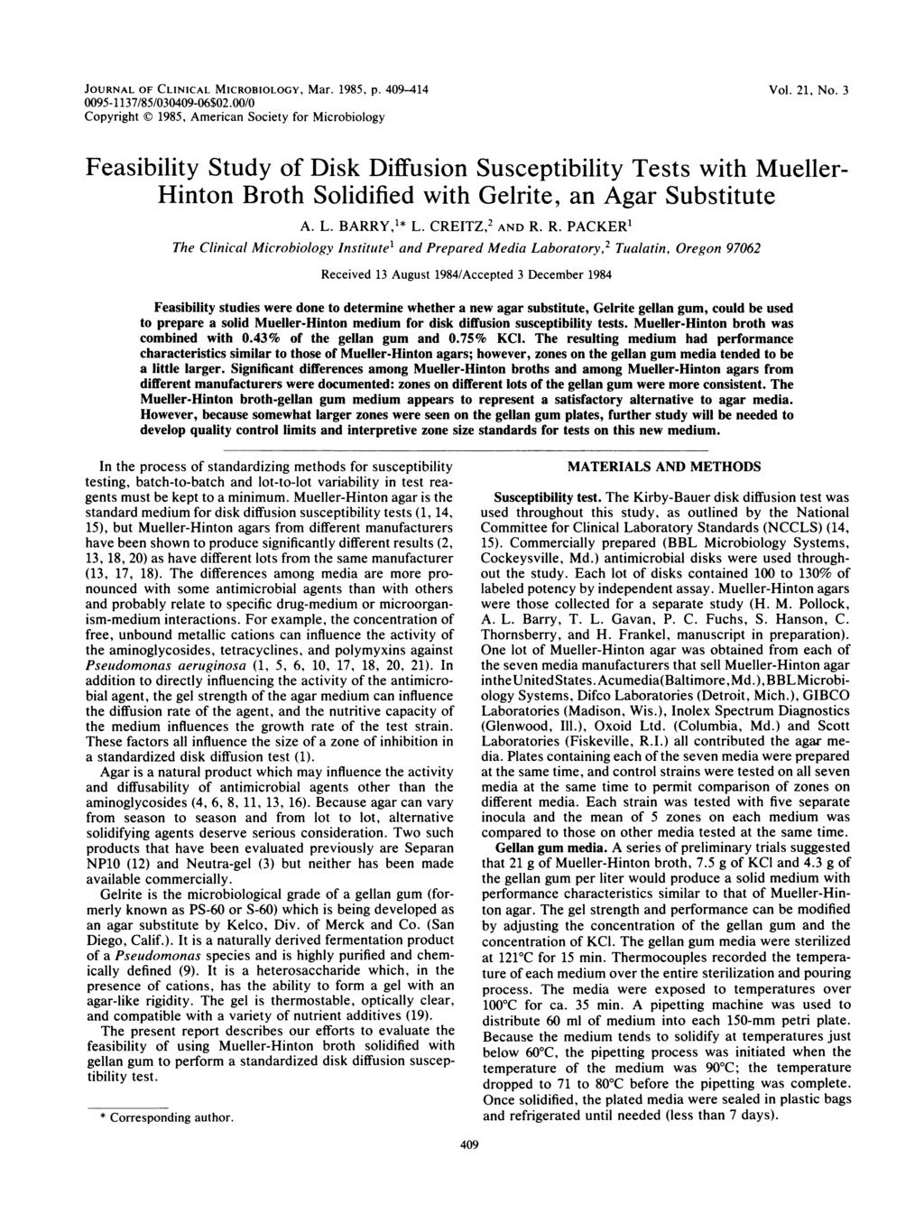 JOURNAL OF CLINICAL MICROBIOLOGY, Mar. 1985, p. 409-414 0095-1137/85/030409-06$02.00/0 Copyright (O 1985, American Society for Microbiology Vol. 21, No.