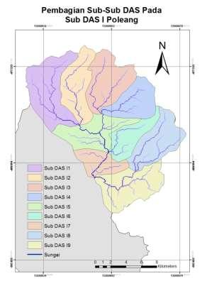 Figure 7. Subdivision of Sub-watersheds in Sub-watershed I PoleangTabel11. Result of the calculation of flow debit at I Poleang Sub-watershed. Sub DAS I A (Km 2 ) I (mm/h) Q (m 3 /sec) 1 40.54 18.