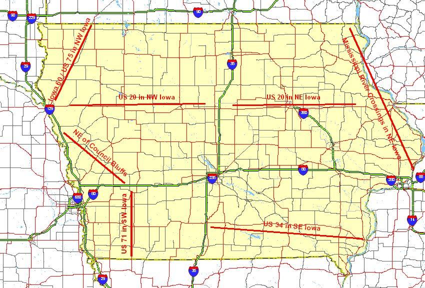 Figure 8: Draft Set of Representative Cutlines in Iowa Finally, Vehicle Miles Traveled (VMT) can be calculated from the model run and compared to statewide total estimates of VMT.
