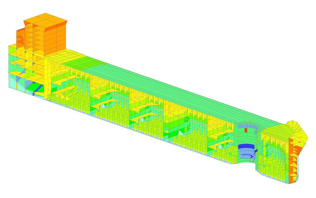 3 Fatigue Response To determine structural response of loads global finite element models are commonly used. As an example, Fig. 2 shows a global FE-model of a FPSO with an integrated turret.