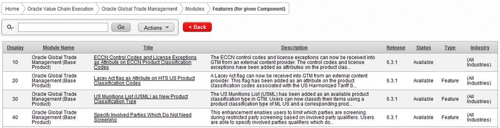 Oracle Product Features Tool New Product Features List of features by Component by Module List