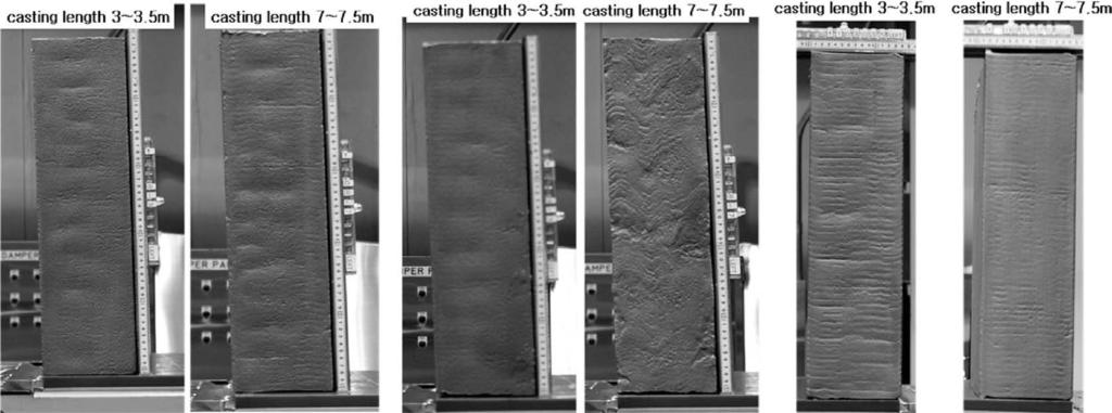 a) Cast #6 with mold flux NEW4 b) Cast #7 with mold flux NEW5 c) Cast #8 with mold flux NEW6 Fig. 8. Typical TRIP slab surface quality obtained during 2 nd casting trials. Fig. 9.
