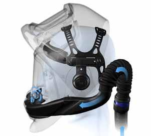 The breathing tube is attached to the headband instead of the helmet. Exhaled air is channelled out via side exhaust vents.