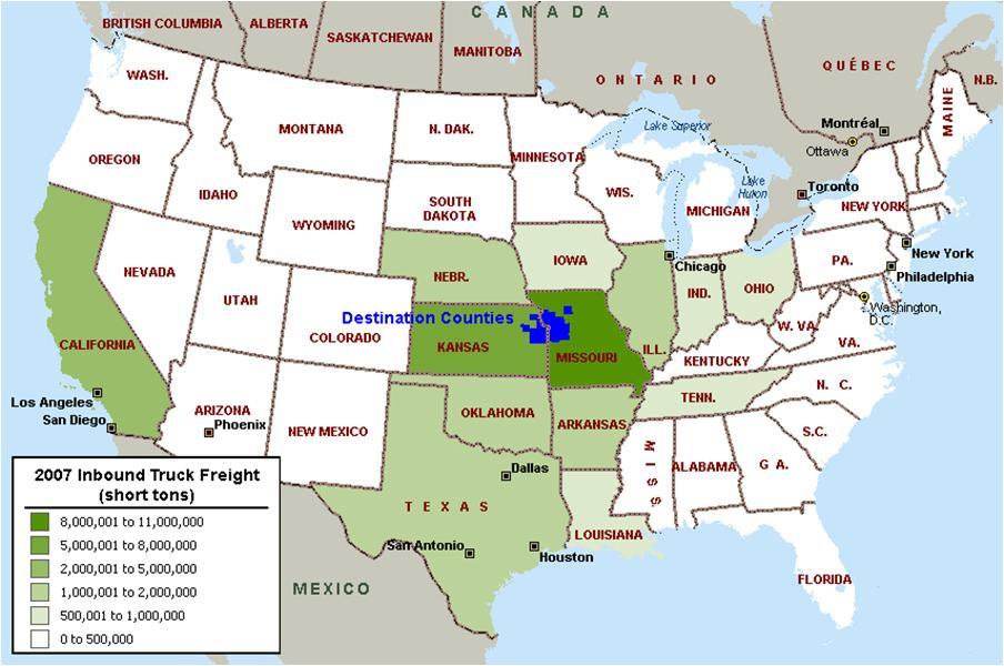 population, industry and freight. Major origins (Figure 12) are the states of Kansas and Missouri, neighboring states in the Midwest, Texas and California.