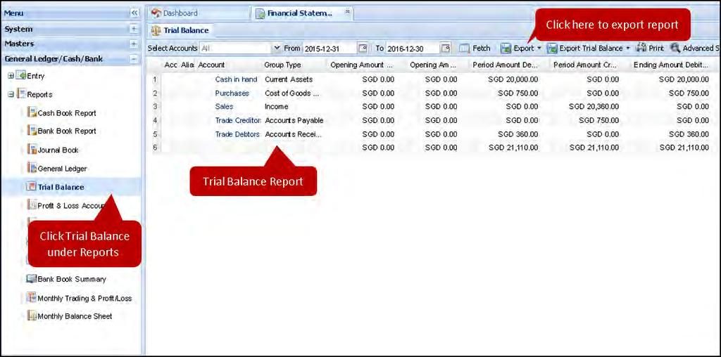 Expand the Reports tab and from the list of drop downs, click on Trial Balance. A new Financial Statements window with all trial balance entry details, will open.