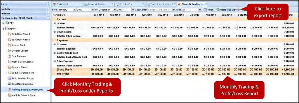 Expand the Reports tab and from the list of drop downs, click on Monthly Trading and Profit/Loss.
