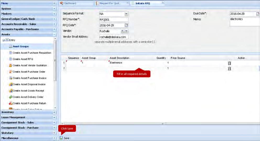 Expand the Entry tab and from the list of drop downs, click on Create Asset Vendor Quotation.