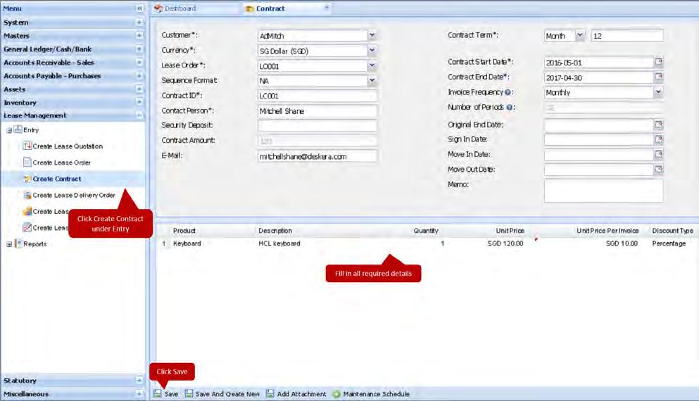 10.1.3 Create Contract Create a new lease contract by following the steps listed below: Under the left side Menu bar of the dashboard, click on Lease Management.
