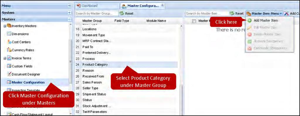 A new Master Configuration window will open. Under Master Group, scroll down to Product Category.