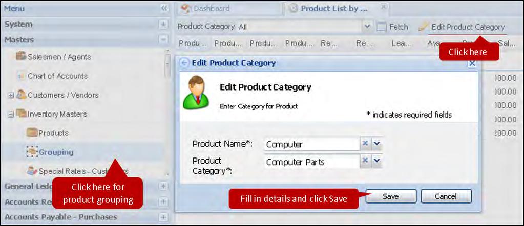 A new Product List by Category window will open. Click Edit Product Category, a new Edit Product Category pop up will open.
