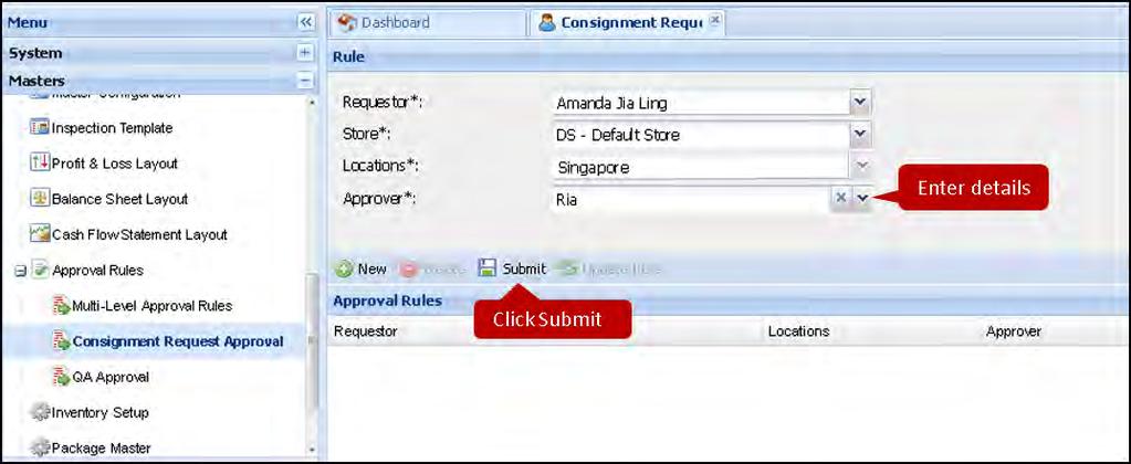 4.15.3 QA Approval Define and set QA Approval Rules by following the steps listed below: Under the left side Menu bar of the dashboard, click on the Masters tab.