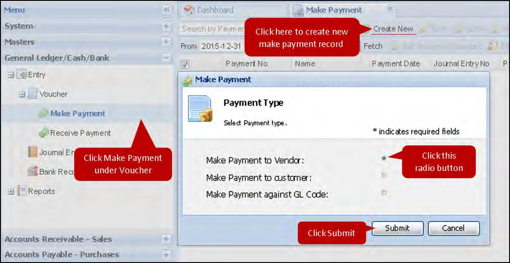 From the drop down, click on Make Payment. A new Make Payment window will open.