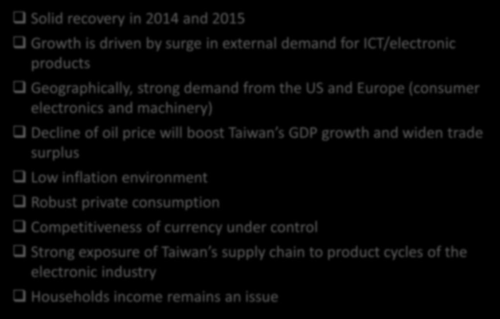 Conclusion Solid recovery in 214 and 215 Growth is driven by surge in external demand for ICT/electronic products Geographically, strong demand from the US and Europe (consumer electronics and