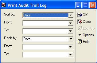 Chapter 4 Setting Up Printing the Audit Trail Log 1. Choose Audit Trail Log from the Reports menu for the Accounting, Point-of-Sale or Order Entry modules. 2. Enter the Sort by and Rank by options.