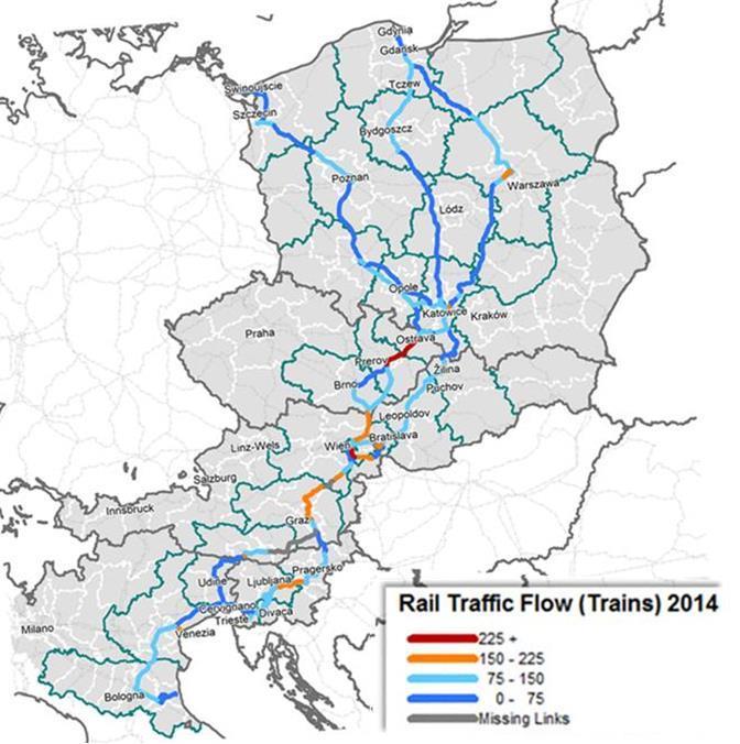 Performance of the rail transport system Train traffic flows on the BA Corridor (trains/day, 2014) The highest level of traffic is in the central section between Graz and Ostrava, with traffic