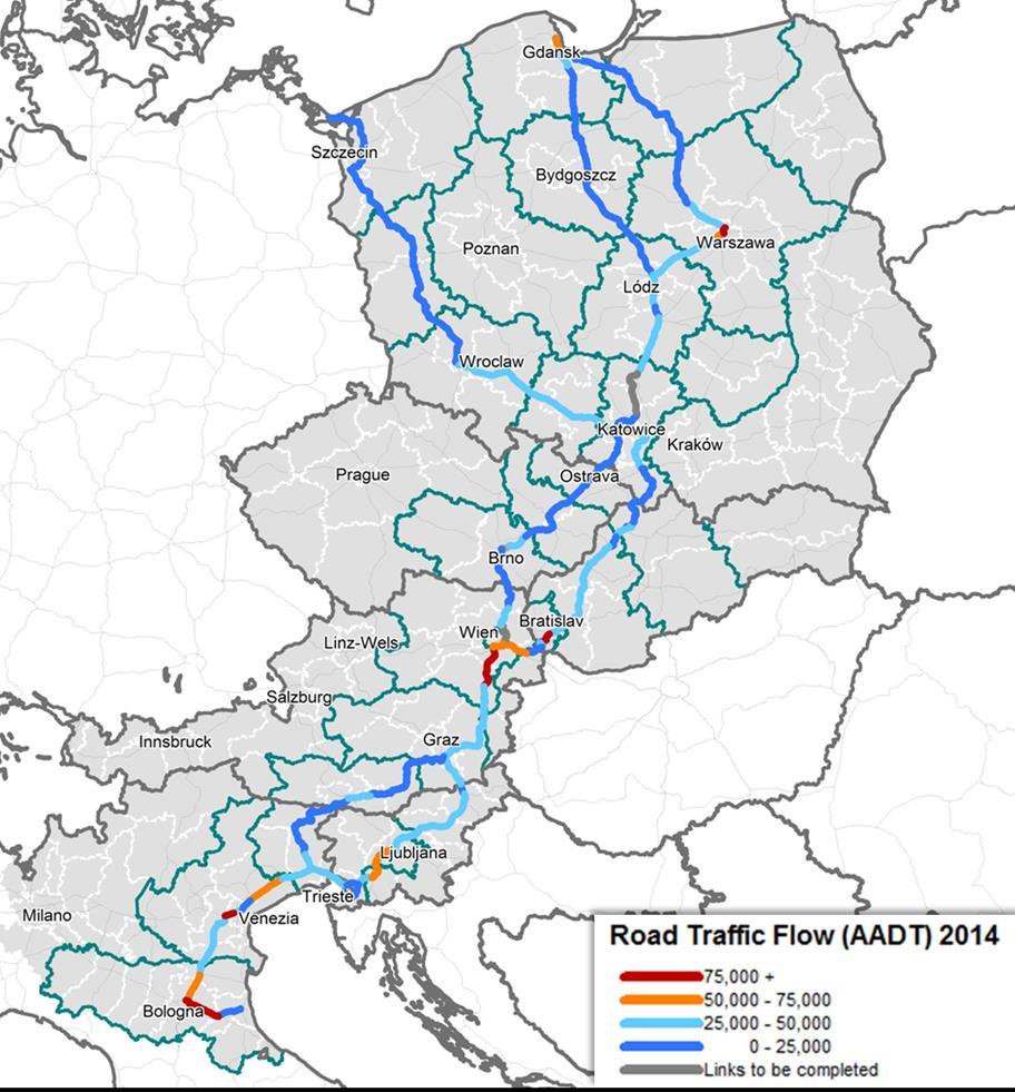 Performance of the road transport system Vehicle traffic flows on the BA Corridor (vehicles/day, 2014) The current road traffic volumes on the BA Corridor infrastructure are relatively constant in